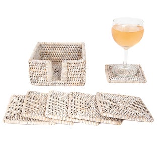 Artifacts Trading Company Rattan Square Coasters - 7 piece set - White wash